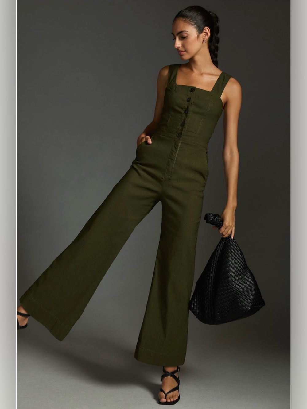 Anthropologie Maeve Portside Button-Front Jumpsuit Olive Green Wide-Leg- 12 Tall